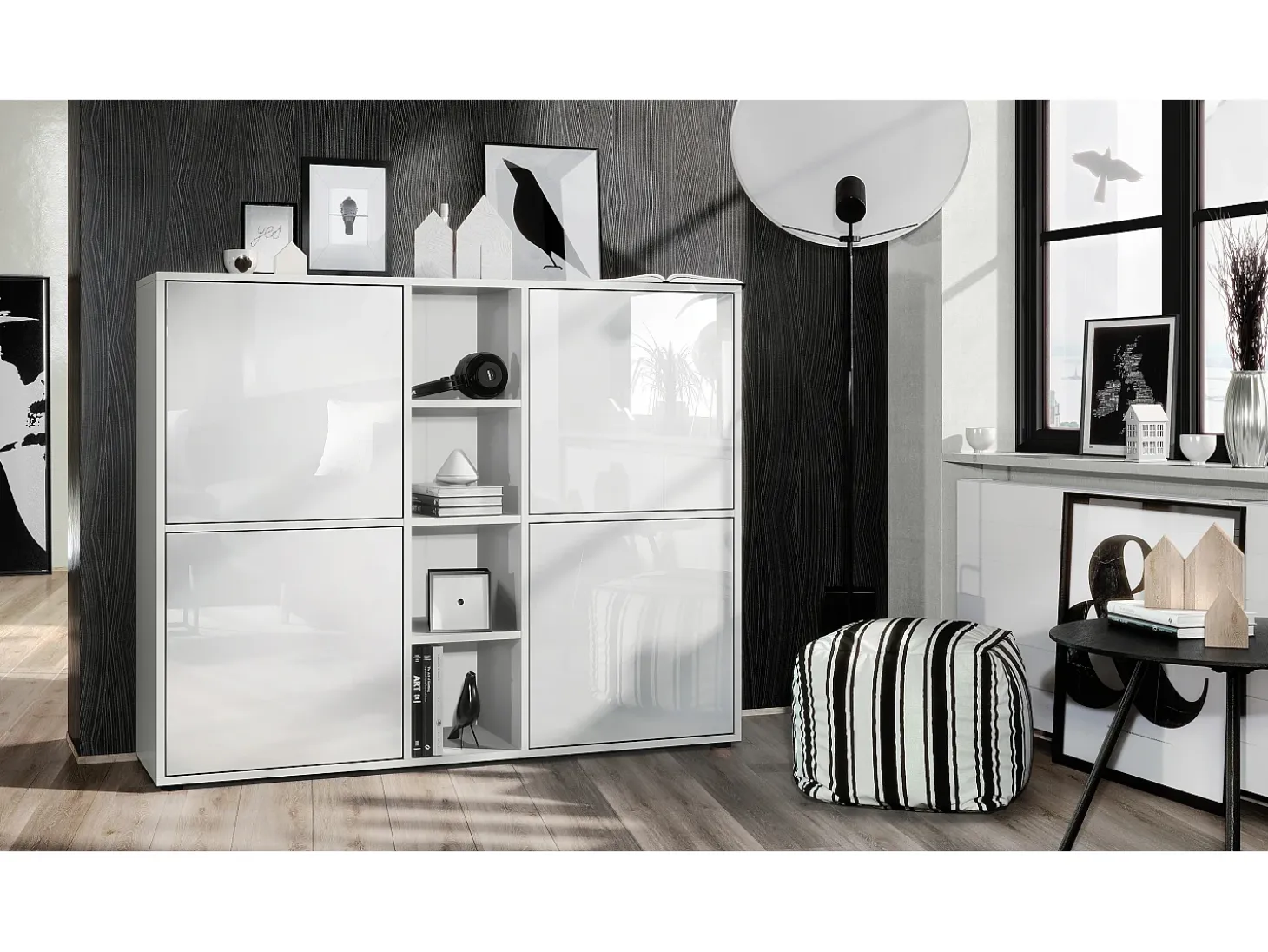 Vladon Highboard Cuba V3, blanco mate/blanco de alto brillo - Aparador moderno con 12 compartimentos (130,5 x 105,5 x 35,5 cm)