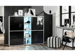 Vladon Highboard Cuba V3, blanco mate/negro de alto brillo con LED - Aparador moderno con 12 compartimentos (130,5 x 105,5 x 35,5 cm)