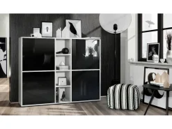 Vladon Highboard Cuba V3, blanco mate/negro de alto brillo - Aparador moderno con 12 compartimentos (130,5 x 105,5 x 35,5 cm)