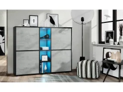 Vladon Highboard Cuba V3, negro mate/hormigón oxidado con LED - Aparador moderno con 12 compartimentos (130,5 x 105,5 x 35,5 cm)