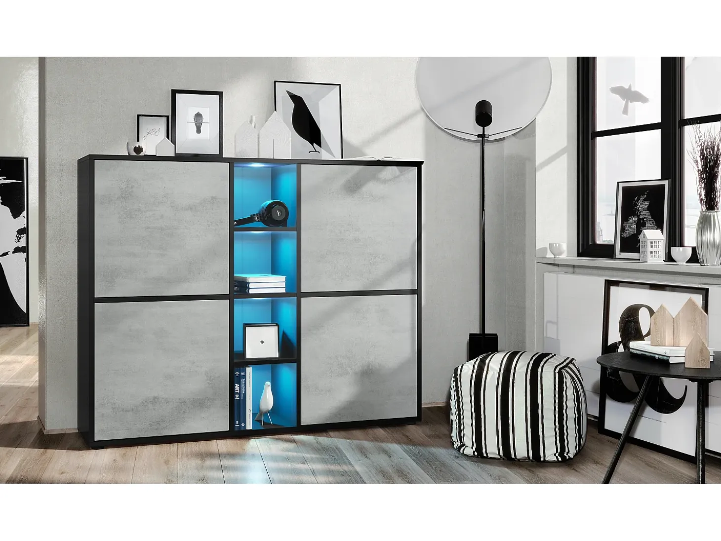 Vladon Highboard Cuba V3, negro mate/hormigón oxidado con LED - Aparador moderno con 12 compartimentos (130,5 x 105,5 x 35,5 cm)