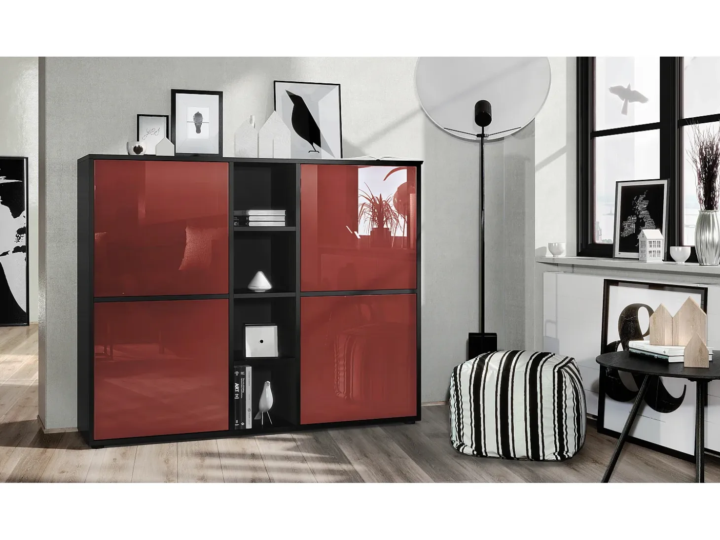 Vladon Highboard Cuba V3, negro mate/burdeos de alto brillo - Aparador moderno con 12 compartimentos (130,5 x 105,5 x 35,5 cm)