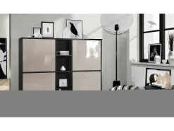 Vladon Highboard Cuba V3, negro mate/gris arena de alto brillo - Aparador moderno con 12 compartimentos (130,5 x 105,5 x 35,5 cm)