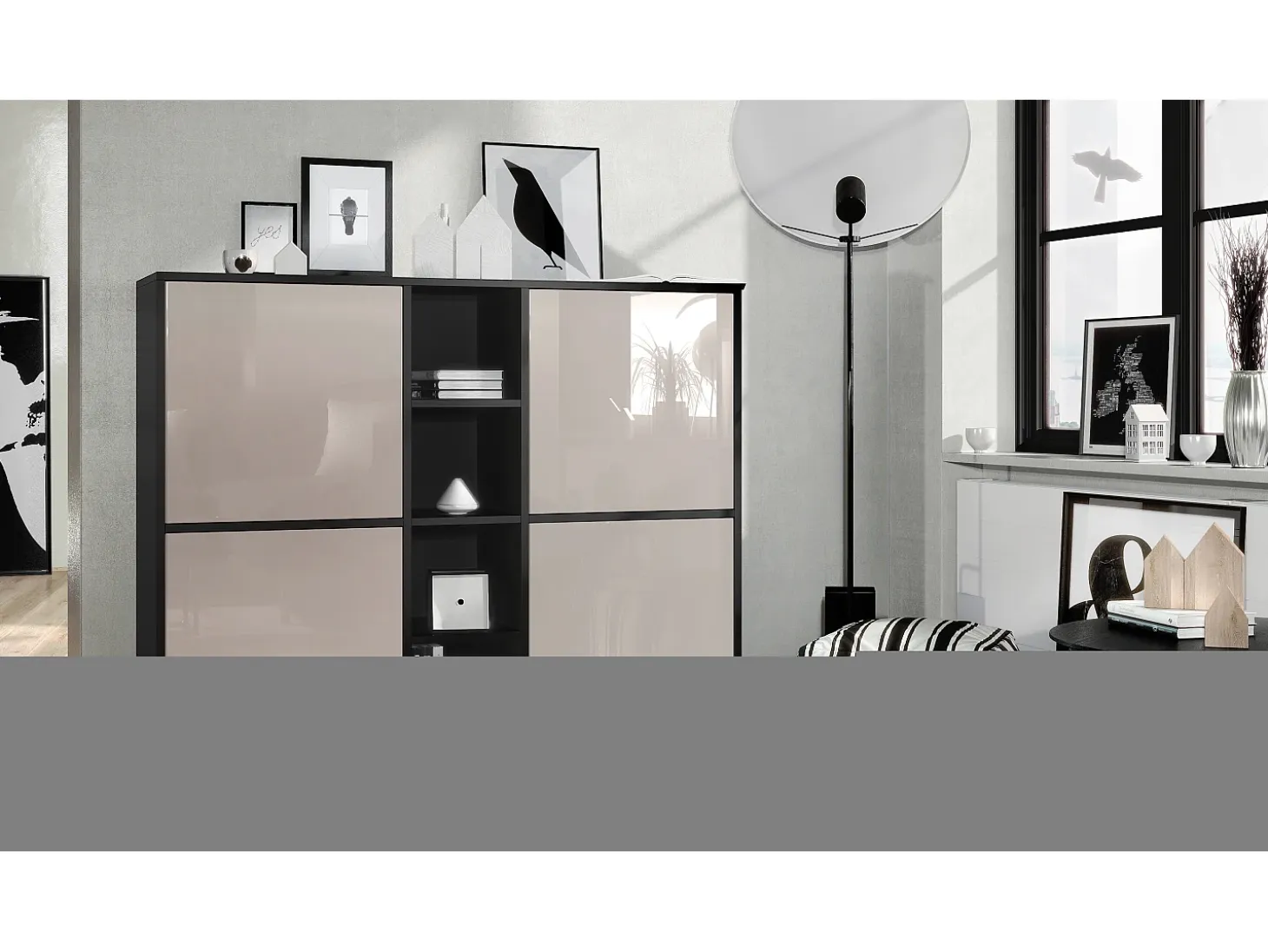 Vladon Highboard Cuba V3, negro mate/gris arena de alto brillo - Aparador moderno con 12 compartimentos (130,5 x 105,5 x 35,5 cm)