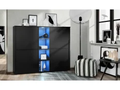 Vladon Highboard Cuba V3, negro mate/negro mate con LED - Aparador moderno con 12 compartimentos (130,5 x 105,5 x 35,5 cm)