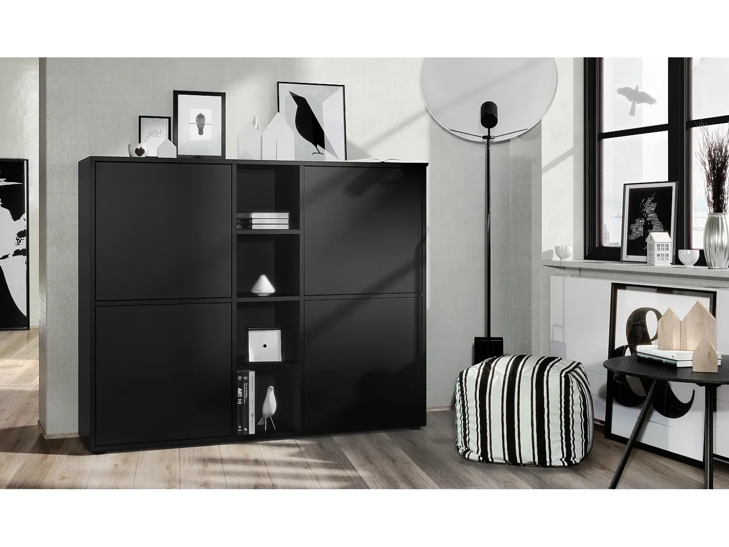 Vladon Highboard Cuba V3, negro mate/negro mate - Aparador moderno con 12 compartimentos (130,5 x 105,5 x 35,5 cm)