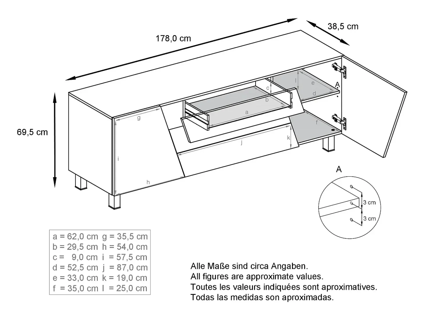 Vladon Sideboard Houston, cassettiera a 2 ante e 3 cassetti, mobile bianco opaco, frontali bianco opaco (178 x 69,5 x 38,5 cm)
