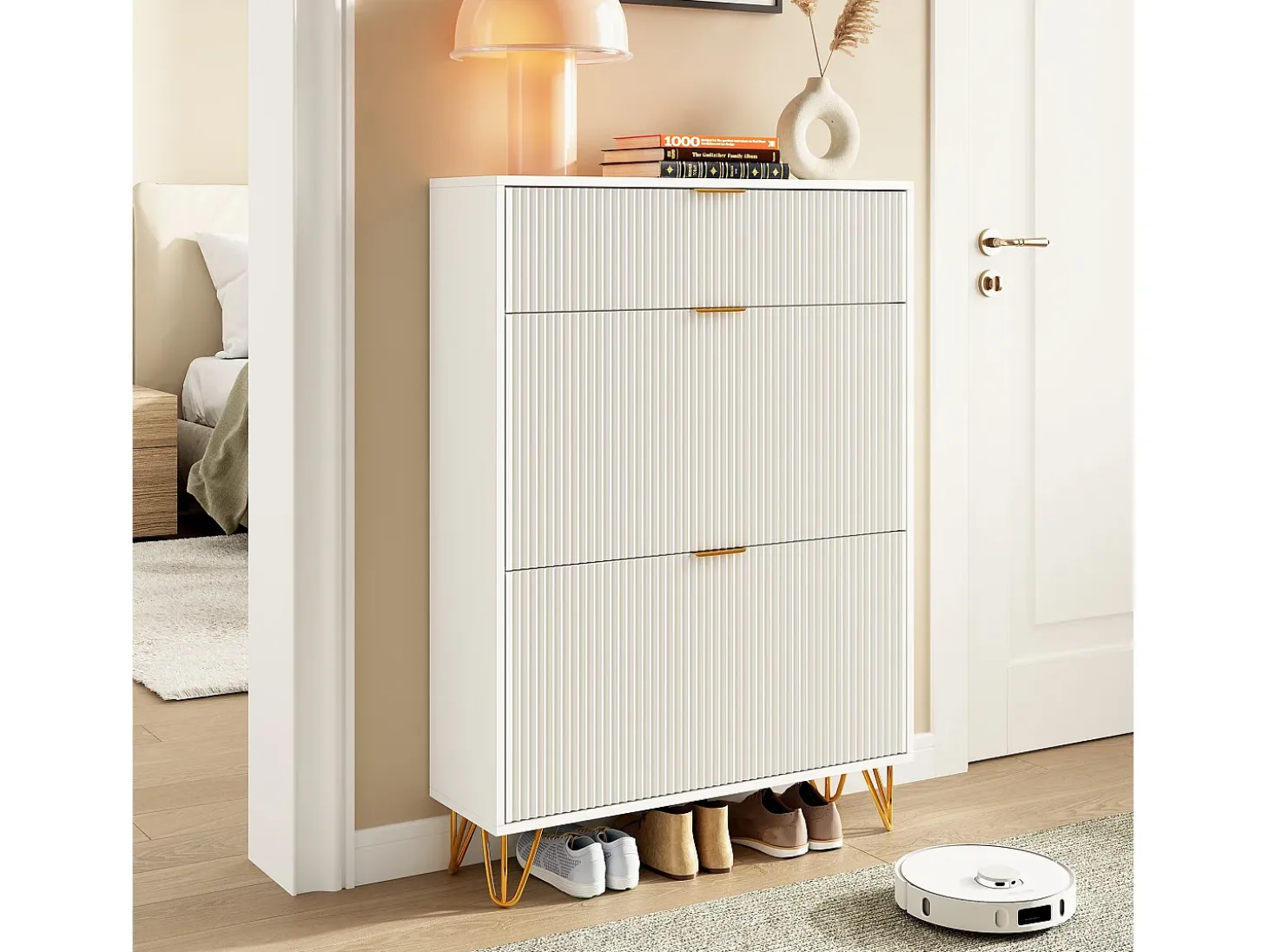 Zapatero blanco de 3 puertas abatibles con espacio de almacenamiento, 80 x 24 x 118,5 cm, blanco